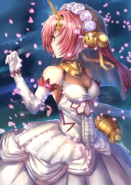 Anime picture 744x1052 with fate (series) fate/apocrypha frankenstein's monster (fate) kelinch1 single tall image fringe short hair breasts bare shoulders signed yellow eyes pink hair cleavage horn (horns) hair over one eye twitter username girl dress gloves
