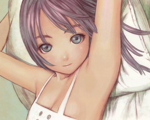 Anime picture 1280x1024 with futuregraph range murata single bare shoulders green eyes upper body lying grey hair armpit (armpits) flat chest girl dress pillow