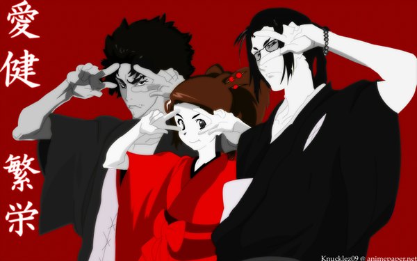 Anime picture 1440x900 with samurai champloo mugen (samurai champloo) jinnosuke fuu (samurai champloo) long hair short hair black hair simple background smile brown hair wide image japanese clothes victory red background girl boy glasses kimono