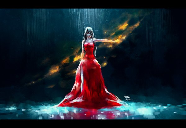 Anime picture 1300x900 with original mara (original character) nanfe single long hair looking at viewer fringe black hair red eyes standing signed cleavage lips hair over one eye midriff lipstick outstretched arm reflection letterboxed rain