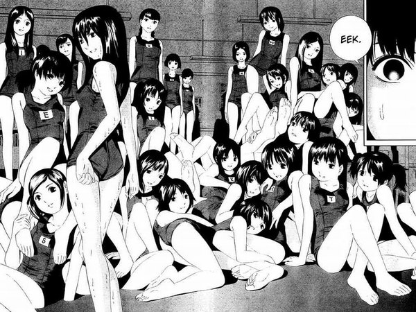 Anime picture 1024x768 with barefoot wet monochrome flat chest jpeg artifacts manga swimsuit crowd yoshitomi akihito