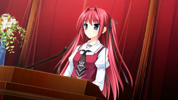 Anime picture 2560x1440 with otome ga tsumugu koi no canvas ootori rena kimishima ao long hair blush highres blue eyes wide image game cg red hair girl uniform ribbon (ribbons) hair ribbon school uniform necktie