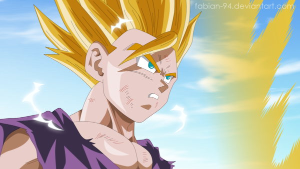 Anime picture 1500x849 with dragon ball dragon ball z son gohan fabiansm single long hair blonde hair wide image sky cloud (clouds) aqua eyes sleeveless coloring magic muscle angry boy