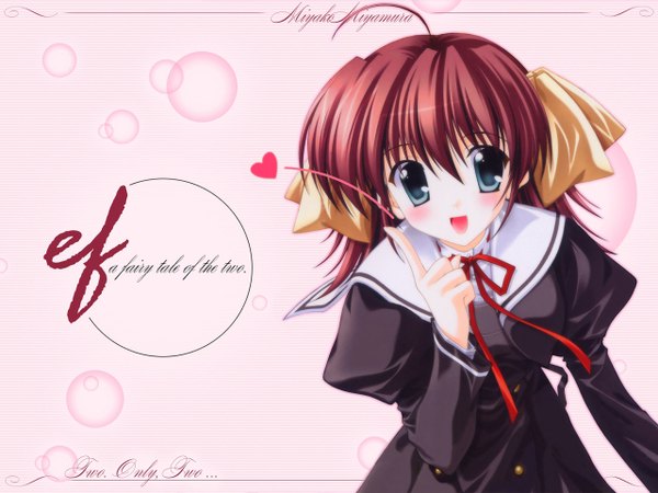 Anime picture 1280x960 with ef ef a tale of memories ef a fairy tale of the two shaft (studio) minori miyamura miyako single short hair open mouth smile brown hair green eyes ahoge inscription girl uniform bow hair bow school uniform heart