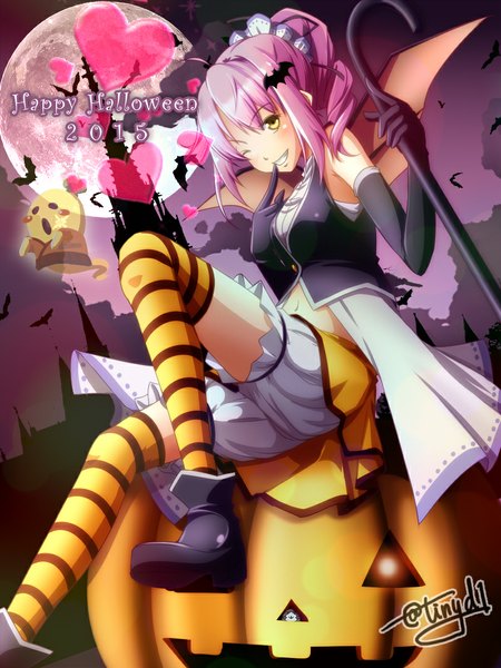 Anime picture 800x1066 with original tinybiard single tall image short hair smile yellow eyes pink hair one eye closed wink halloween 2015 happy halloween girl thighhighs dress gloves animal wings black gloves