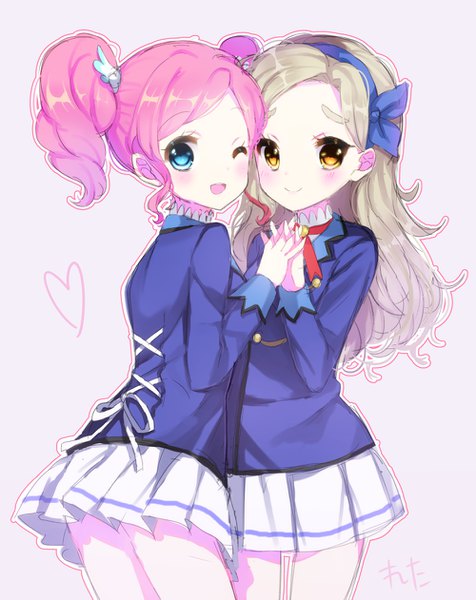 Anime picture 1000x1261 with aikatsu! kurosawa rin amahane madoka reta (honoka1230zero) long hair tall image looking at viewer blush short hair open mouth blue eyes blonde hair simple background twintails multiple girls yellow eyes pink hair one eye closed wink holding hands