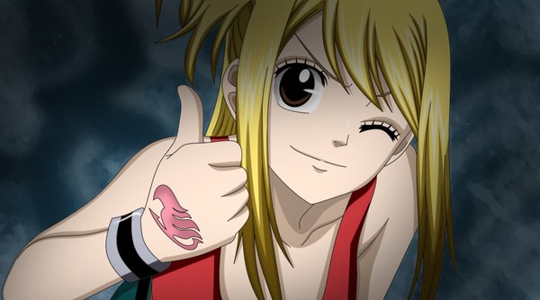 Anime picture 2166x1206 with fairy tail lucy heartfilia luffy-san92 single long hair highres simple background blonde hair smile wide image brown eyes one eye closed wink tattoo coloring girl wristlet