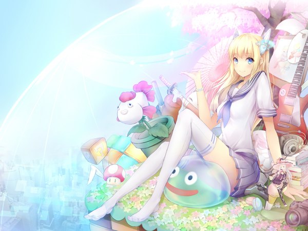 Anime picture 3306x2480 with original yue chi single long hair looking at viewer highres blue eyes blonde hair smile absurdres zettai ryouiki cherry blossoms revision girl thighhighs skirt uniform hair ornament flower (flowers) weapon
