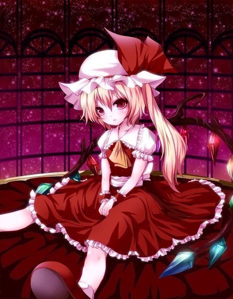 Anime picture 1500x1920 with touhou flandre scarlet akira b tall image short hair blonde hair red eyes sitting loli one side up girl dress wings socks shoes frills white socks bonnet crystal