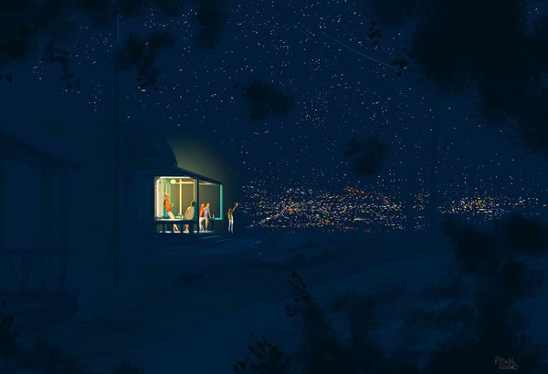 Anime picture 1024x701 with original pascal campion long hair short hair blonde hair brown hair standing sitting multiple girls bent knee (knees) night night sky hug outstretched arm city light cityscape city lights girl boy