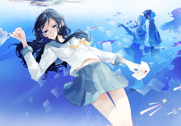 Anime picture 1708x1190 with original koyomi (artist) long hair blush highres short hair blue eyes black hair underwater girl boy skirt uniform animal serafuku bubble (bubbles) fish (fishes) sailor suit letter love letter