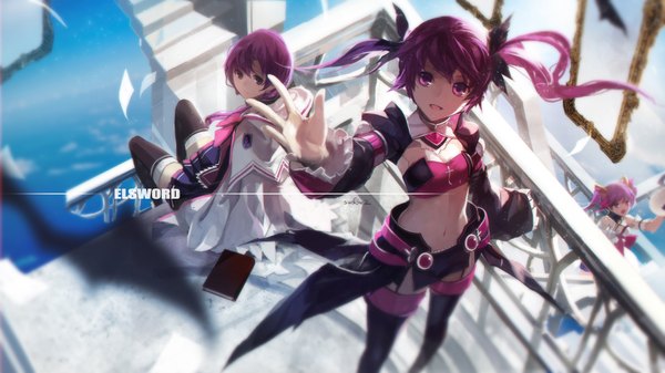 Anime picture 1889x1062 with elsword aisha landar elemental master (elsword) swd3e2 long hair looking at viewer highres short hair open mouth wide image sitting purple eyes twintails multiple girls purple hair copyright name girl thighhighs skirt navel