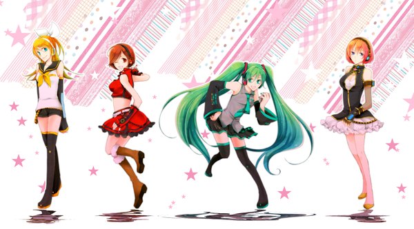 Anime picture 1771x984 with vocaloid hatsune miku megurine luka kagamine rin meiko long hair highres short hair blue eyes blonde hair smile red eyes wide image twintails green eyes red hair one eye closed green hair wink orange hair