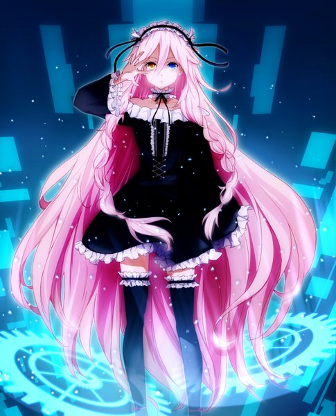 Anime picture 1289x1594 with vocaloid ia (vocaloid) conone single long hair tall image looking at viewer pink hair braid (braids) heterochromia blue background girl thighhighs dress black thighhighs frills headdress gears