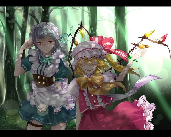 Anime picture 1500x1200 with touhou flandre scarlet izayoi sakuya blonde hair red eyes multiple girls silver hair eyes closed grey hair maid girl bow 2 girls plant (plants) hat wings tree (trees) headdress apron