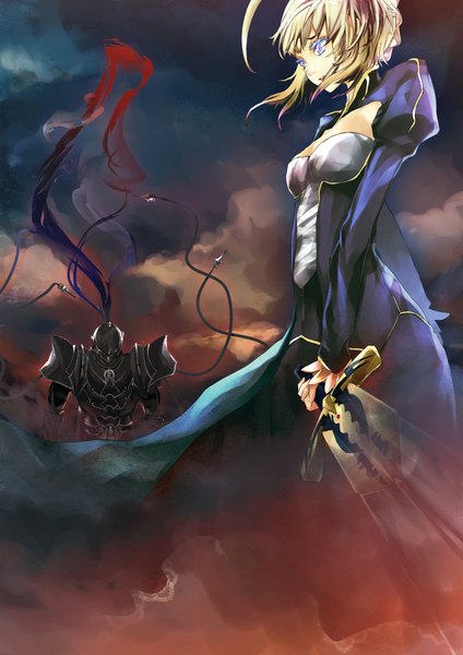 Anime picture 1500x2122 with fate (series) fate/stay night fate/zero studio deen type-moon artoria pendragon (all) saber berserker (fate/zero) tall image open mouth blue eyes blonde hair girl dress boy weapon sword armor excalibur