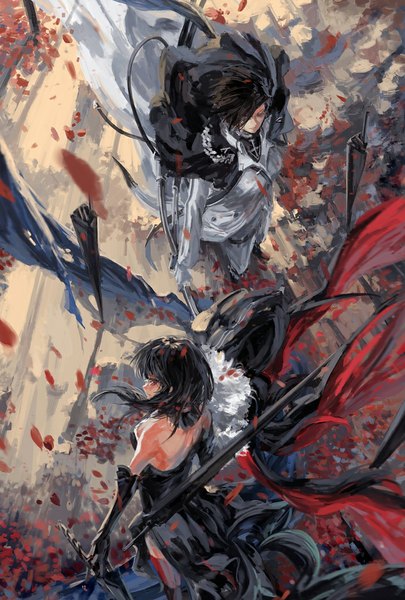 Anime picture 700x1037 with original pixiv fantasia pixiv fantasia t stu dts long hair tall image black hair red eyes bare shoulders multiple girls brown eyes from above wind girl dress gloves weapon 2 girls petals sword