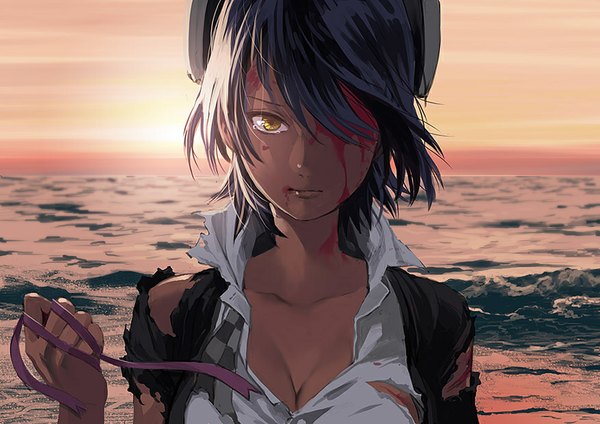 Anime picture 877x620 with kantai collection tenryuu light cruiser mayumio88 single looking at viewer fringe short hair black hair yellow eyes sunlight hair over one eye torn clothes evening sunset close-up sunbeam blood stains girl ribbon (ribbons) shirt