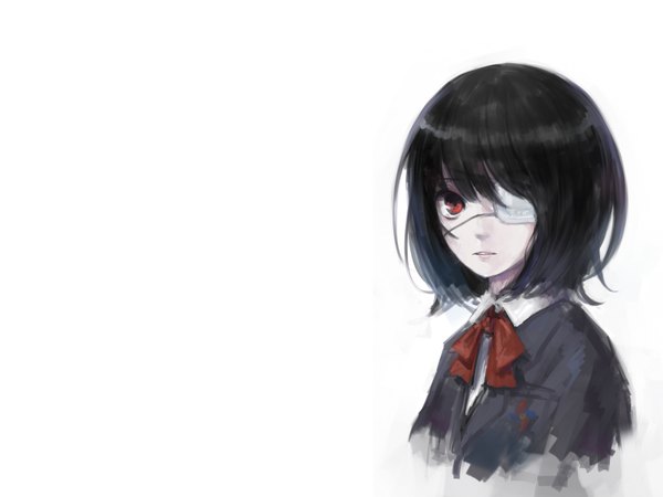 Anime picture 1600x1200 with another p.a. works misaki mei single short hair black hair red eyes white background girl eyepatch