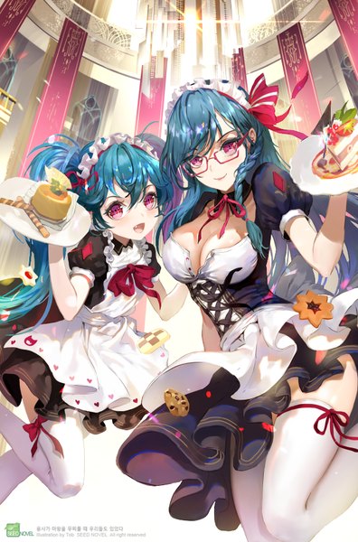 Anime picture 600x907 with original tob long hair tall image looking at viewer fringe breasts open mouth smile hair between eyes large breasts twintails multiple girls holding blue hair cleavage bent knee (knees) indoors braid (braids) pink eyes