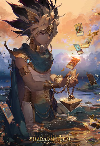 Anime picture 630x916 with yu-gi-oh! yu-gi-oh! duel monsters yami yuugi kawacy tall image red eyes standing holding looking away traditional clothes head tilt multicolored hair sparkle looking down egyptian clothes dissolving dissolving clothes boy earrings chain