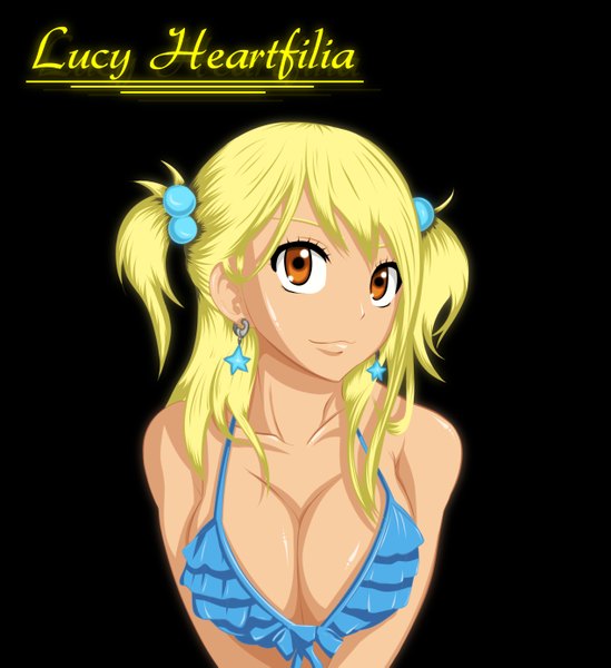 Anime picture 5080x5546 with fairy tail lucy heartfilia rocky-ace single long hair tall image highres breasts light erotic blonde hair smile twintails brown eyes absurdres inscription coloring black background portrait short twintails girl