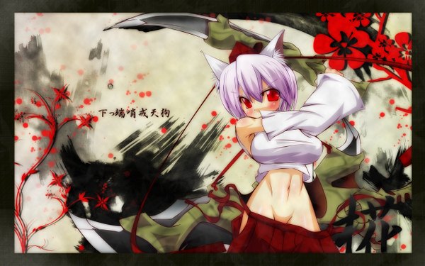 Anime picture 1280x800 with touhou inubashiri momiji endou tatsumi blush short hair red eyes wide image holding animal ears white hair midriff groin dual wielding wolf ears wardrobe malfunction girl hat detached sleeves sword tokin hat