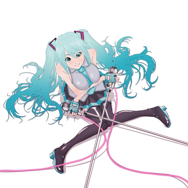 Anime picture 1000x1000 with vocaloid hatsune miku renha single long hair simple background white background twintails aqua eyes aqua hair girl thighhighs skirt black thighhighs miniskirt necktie fingerless gloves microphone stand