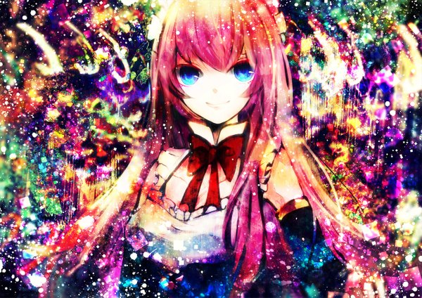 Anime picture 1280x905 with vocaloid megurine luka sazanami shione single long hair blue eyes smile pink hair multicolored girl bowtie