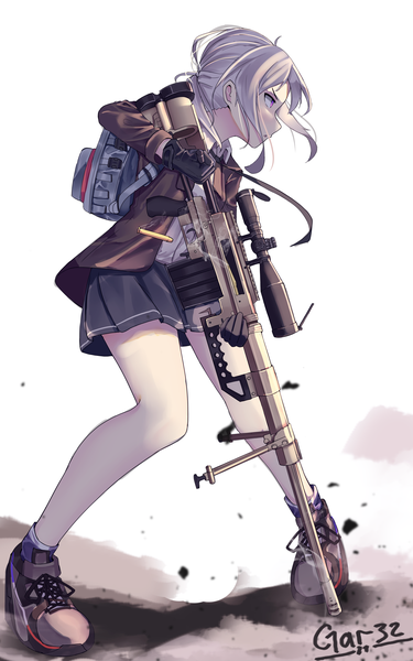 Anime picture 2500x4000 with girls frontline m200 (girls frontline) tegar32 single long hair tall image fringe highres simple background white background purple eyes holding signed looking away silver hair full body long sleeves parted lips profile pleated skirt
