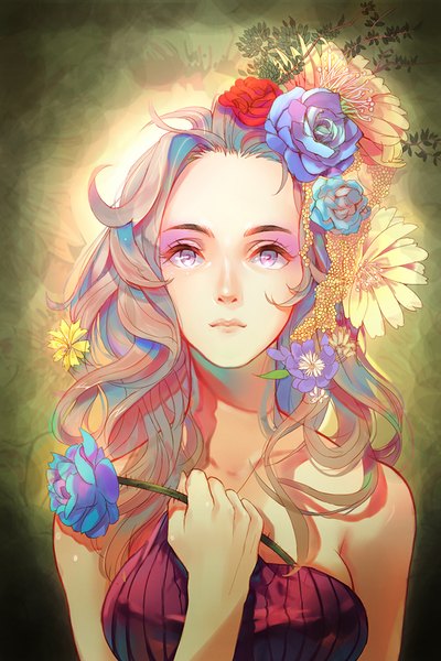 Anime picture 640x960 with original mconch single long hair tall image looking at viewer purple eyes bare shoulders holding multicolored hair hair flower portrait wavy hair girl dress flower (flowers) rose (roses) red rose strapless dress blue rose