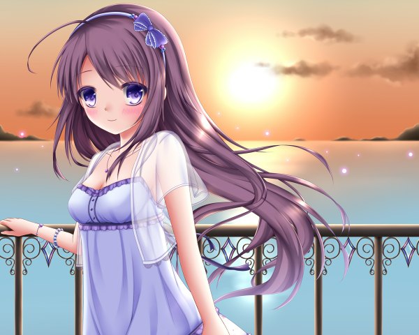 Anime picture 1200x960 with original shitou single long hair blush black hair purple eyes cloud (clouds) evening sunset girl bracelet hairband sundress