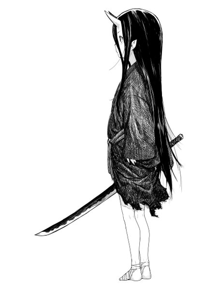 Anime picture 867x1227 with original shiro shougun single long hair tall image fringe simple background standing white background holding traditional clothes japanese clothes profile horn (horns) fingernails pointy ears no shoes torn clothes monochrome eyebrows