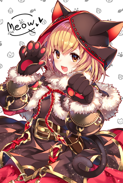 Anime picture 1378x2039 with granblue fantasy gita (granblue fantasy) homaderi single tall image blush fringe short hair open mouth smile hair between eyes white background yellow eyes tail :d animal tail sparkle cat tail fur trim text