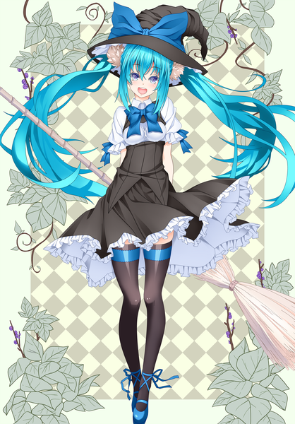 Anime picture 1255x1800 with vocaloid hatsune miku ffcreatyuuki single tall image open mouth blue eyes twintails very long hair aqua hair witch girl thighhighs dress bow black thighhighs hat witch hat broom