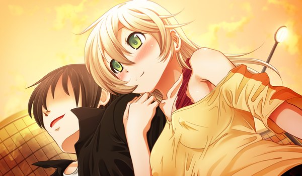 Anime picture 1024x600 with kono sekai no mukou de long hair blush short hair light erotic black hair blonde hair wide image green eyes game cg couple girl boy