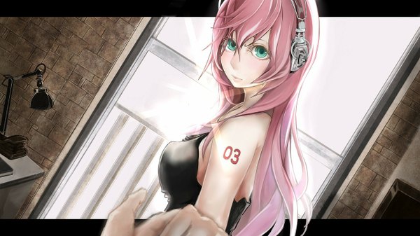 Anime picture 1280x720 with vocaloid megurine luka single long hair looking at viewer fringe breasts wide image bare shoulders pink hair looking back aqua hair tattoo girl headphones