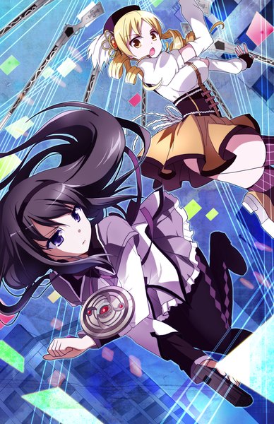 Anime picture 670x1035 with mahou shoujo madoka magica shaft (studio) akemi homura tomoe mami kurot long hair tall image looking at viewer blush open mouth black hair blonde hair purple eyes twintails multiple girls holding yellow eyes looking away puffy sleeves turning head