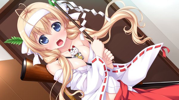 Anime picture 1920x1080 with hatsukoi sankaime emiliya karimov takashina masato single long hair looking at viewer blush fringe highres breasts open mouth blue eyes light erotic hair between eyes wide image twintails holding game cg cleavage ahoge