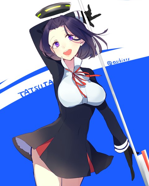 Anime picture 800x1000 with kantai collection tatsuta light cruiser achiki single tall image looking at viewer short hair breasts open mouth purple eyes holding purple hair happy glow girl dress gloves weapon earrings black gloves