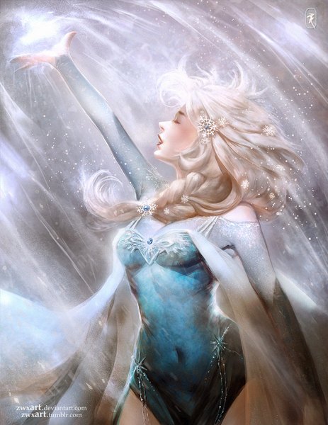 Anime picture 1000x1294 with frozen (disney) disney elsa (frozen) zwxart single long hair tall image blonde hair signed looking away braid (braids) eyes closed long sleeves profile magic single braid covered navel snowing girl dress