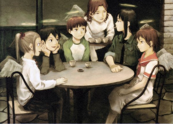 Anime picture 2414x1738 with haibane renmei rakka (haibane) reki (haibane) hikari (haibane) kana (haibane) nemu (haibane) highres angel wings chin rest girl wings serafuku halo chair table cup cigarette