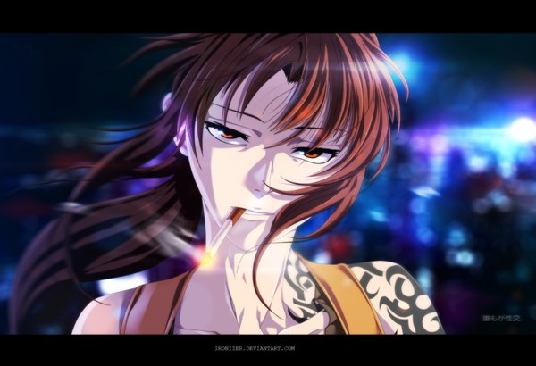 Anime picture 1920x1312 with black lagoon madhouse revy (black lagoon) ironizer single long hair highres brown hair brown eyes night tattoo coloring city portrait light letterboxed close-up face smoking girl