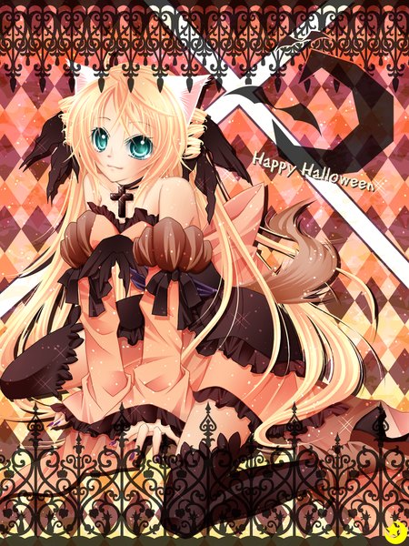 Anime picture 1300x1732 with original midzuki single long hair tall image looking at viewer blonde hair animal ears animal tail aqua eyes cat ears drill hair girl thighhighs dress black thighhighs detached sleeves frills cross