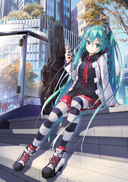 Anime picture 1692x2400 with vocaloid hatsune miku ajigo single tall image blush fringe hair between eyes sitting twintails payot full body bent knee (knees) outdoors very long hair pleated skirt aqua eyes aqua hair open clothes arm support