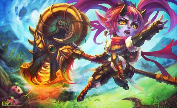 Anime picture 3505x2142 with league of legends poppy (league of legends) monori rogue single long hair fringe highres open mouth wide image yellow eyes pink hair absurdres horn (horns) pointy ears girl weapon plant (plants) earrings armor grass
