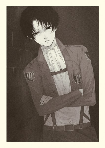 Anime picture 726x1024 with shingeki no kyojin production i.g levi (rivaille) khai single tall image looking at viewer short hair black hair black eyes monochrome crossed arms framed against wall boy uniform military uniform wall suspenders coat of arms