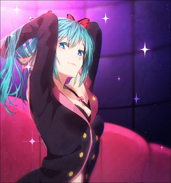Anime picture 800x856 with vocaloid sweet devil (vocaloid) hatsune miku hakusai (tiahszld) single long hair tall image fringe blue eyes light erotic smile hair between eyes twintails payot upper body aqua hair arms up sparkle lipstick adjusting hair
