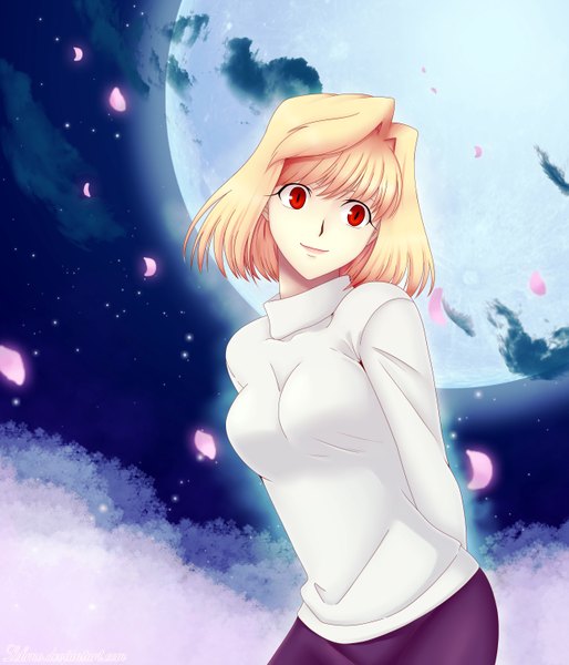 Anime picture 2600x3036 with shingetsutan tsukihime type-moon arcueid brunestud lchrno single tall image highres short hair blonde hair smile red eyes looking away night night sky girl moon full moon clothes