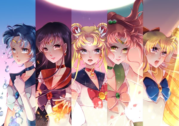 Anime picture 3508x2480 with bishoujo senshi sailor moon toei animation sailor moon kino makoto sailor venus sailor mars sailor mercury sailor jupiter long hair highres short hair open mouth blue eyes blonde hair simple background brown hair twintails purple eyes multiple girls brown eyes